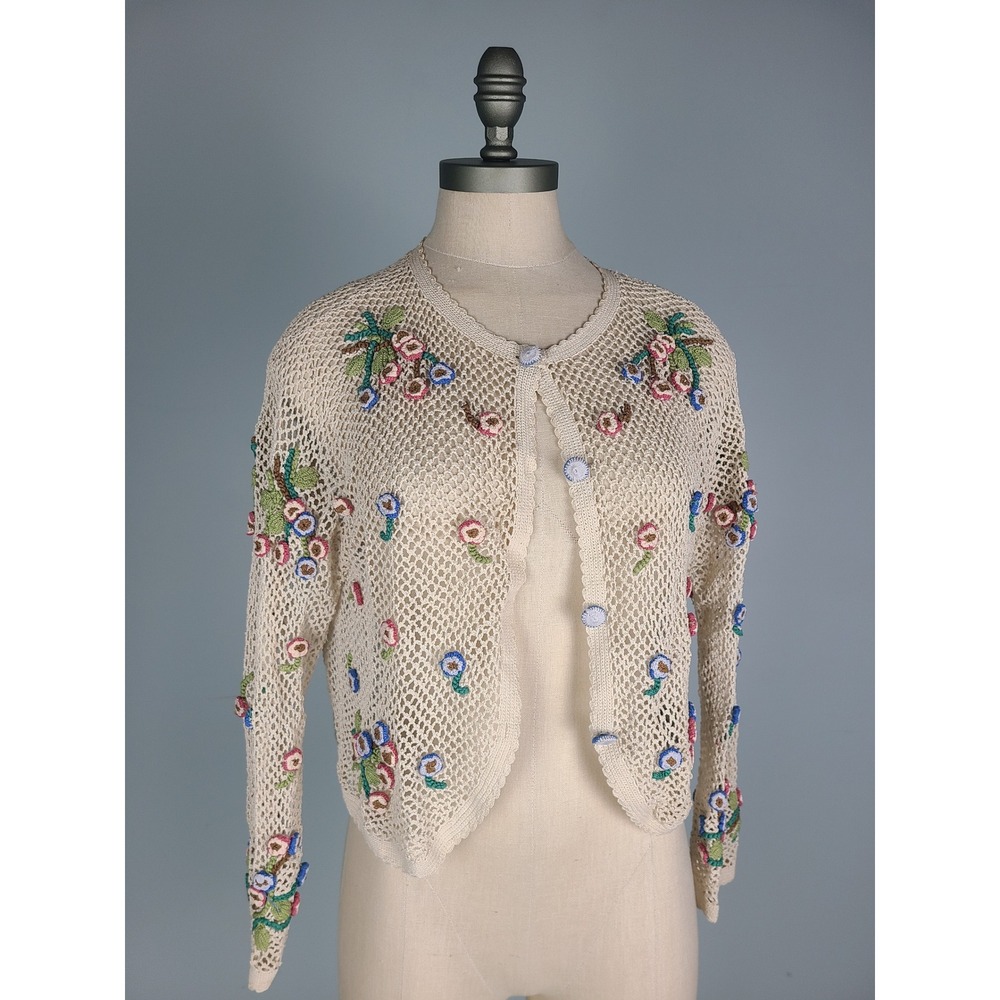 VTG 40's 50's Crochet Doily Cardigan Sweater Flowers Retro Dopamine Cottagecore